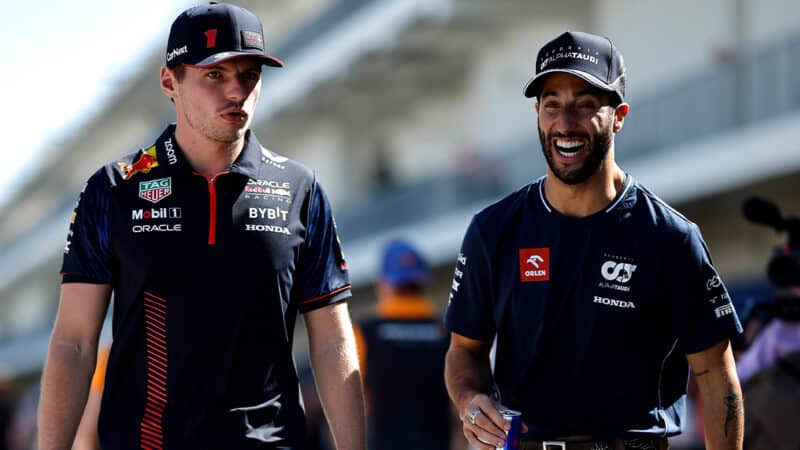 Max Verstappen with Daniel Ricciardo in pitlane at the 2023 United States Grand prix