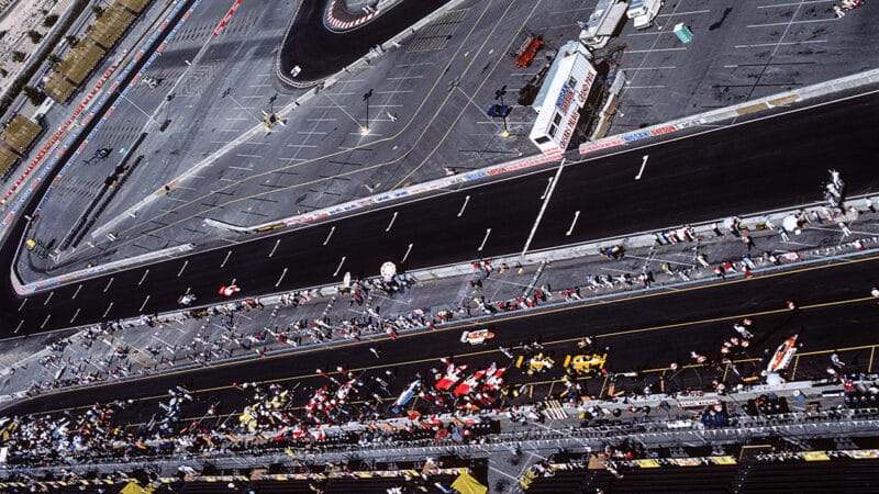 Overhead view of cars on track at 1982 Las Vegas Grand Prix