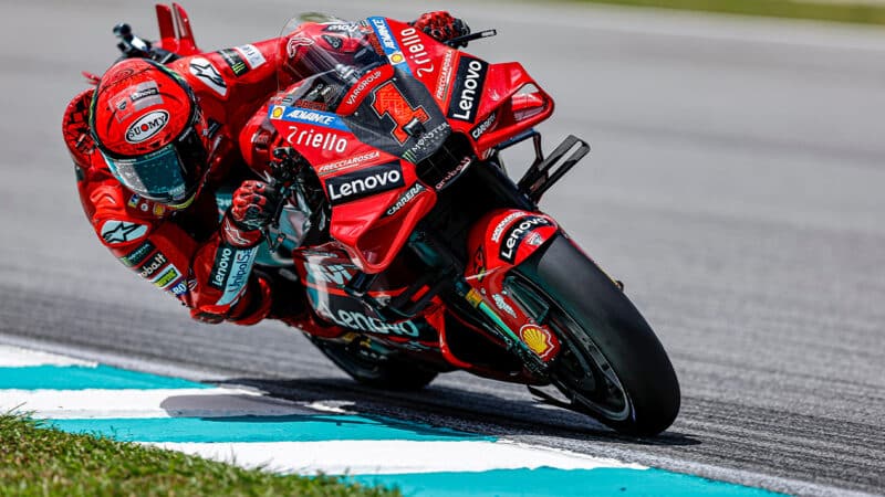 Pecco Bagnaia leans in as he corners on MotoGP Ducati