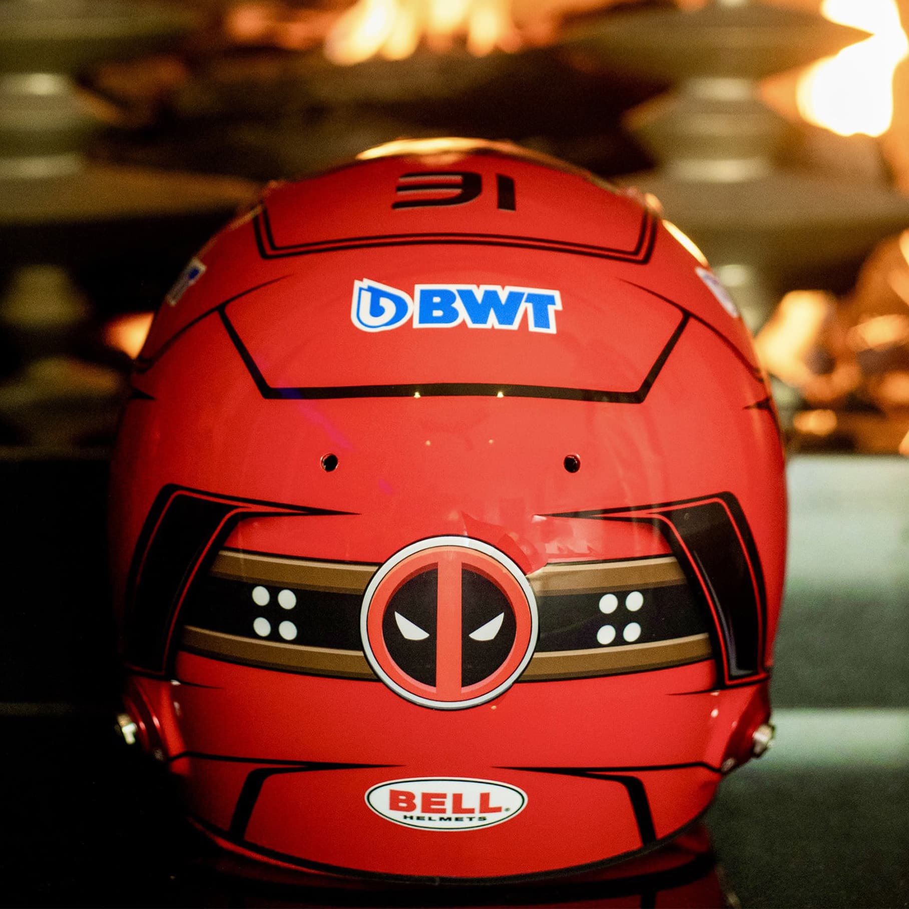 Rear of Esteban Ocon Deadpool Las Vegas helmet