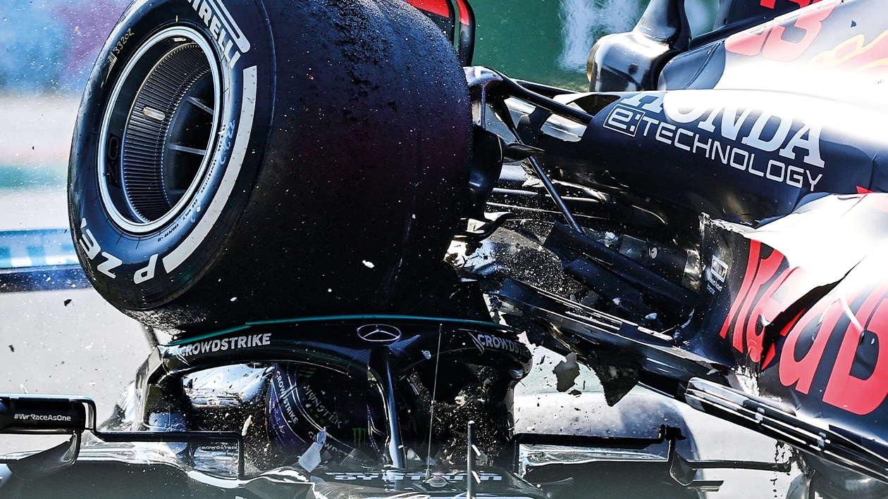 Red Bull of Max Verstappen lands on Mercedes of Lewis Hamilton at 2021 Italian Grand Prix