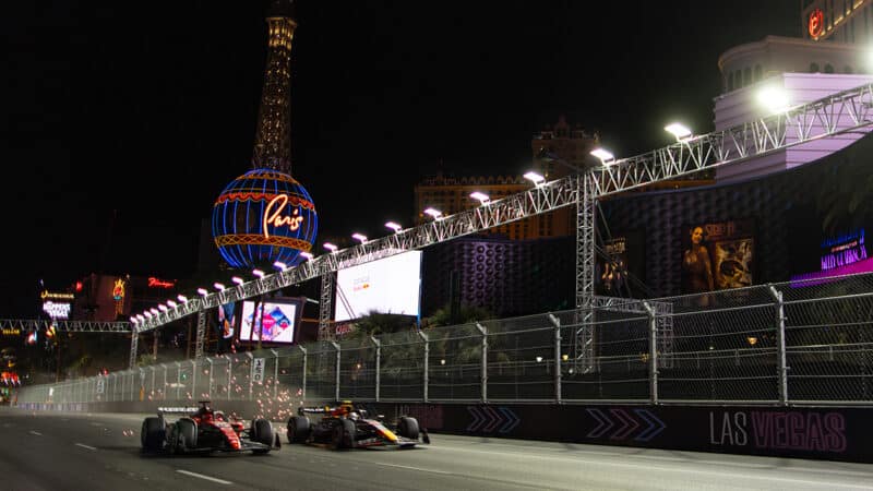 Sergio Perez and Charles Leclerc side by side in 2023 Las Vegas Grand Prix