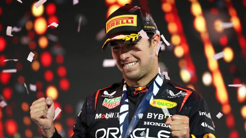 Sergio Perez showered with strips of foil after winning the 2023 Saudi Arabian Grand Prix