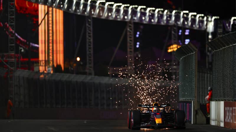 Sparks fly from Red Bull of Max Verstappen in 2023 Las Vegas GP qualifying