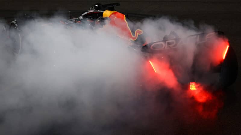 Tyre smoke from Red Bull of Max Verstappen after 2023 Abu Dhabi GP