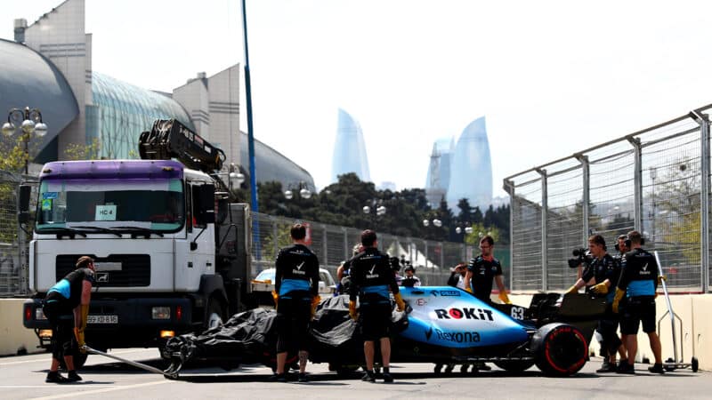 Williams of George Russell is loaded on to trailer at 2019 Azerbaijan Grand Prix
