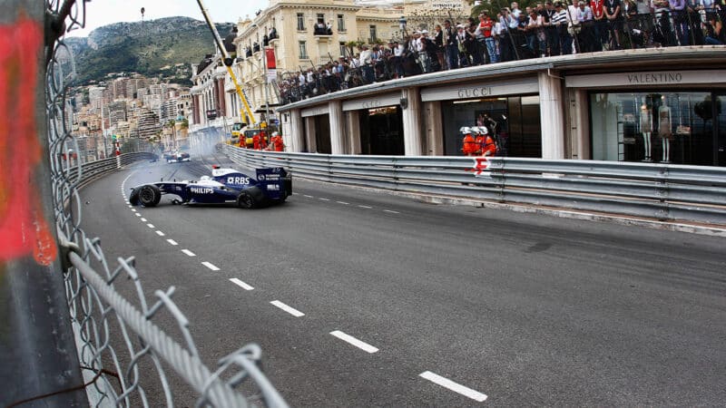 Williams of Rubens Barrichello spins in 2010 Monaco GP crash