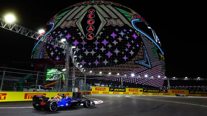 Williams racing past Sphere in 2023 Las Vegas GP practice