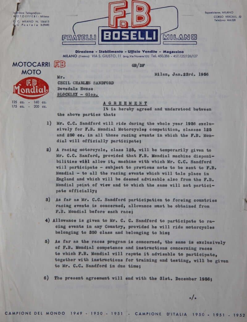 1956 Factory Mondial contract wth Cecil Sandford