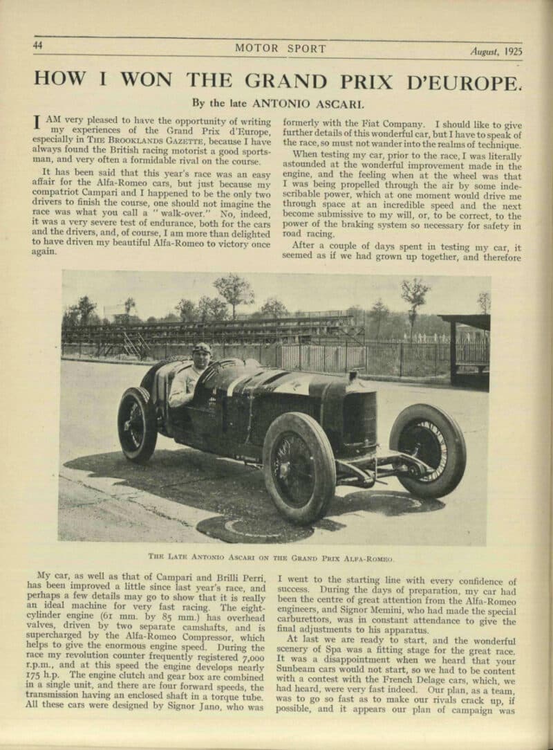 Antonio Ascari’s 1925 article; “top notch