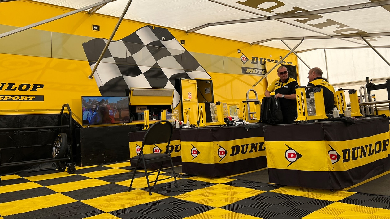 Dunlop motorcycle tyre area in paddock