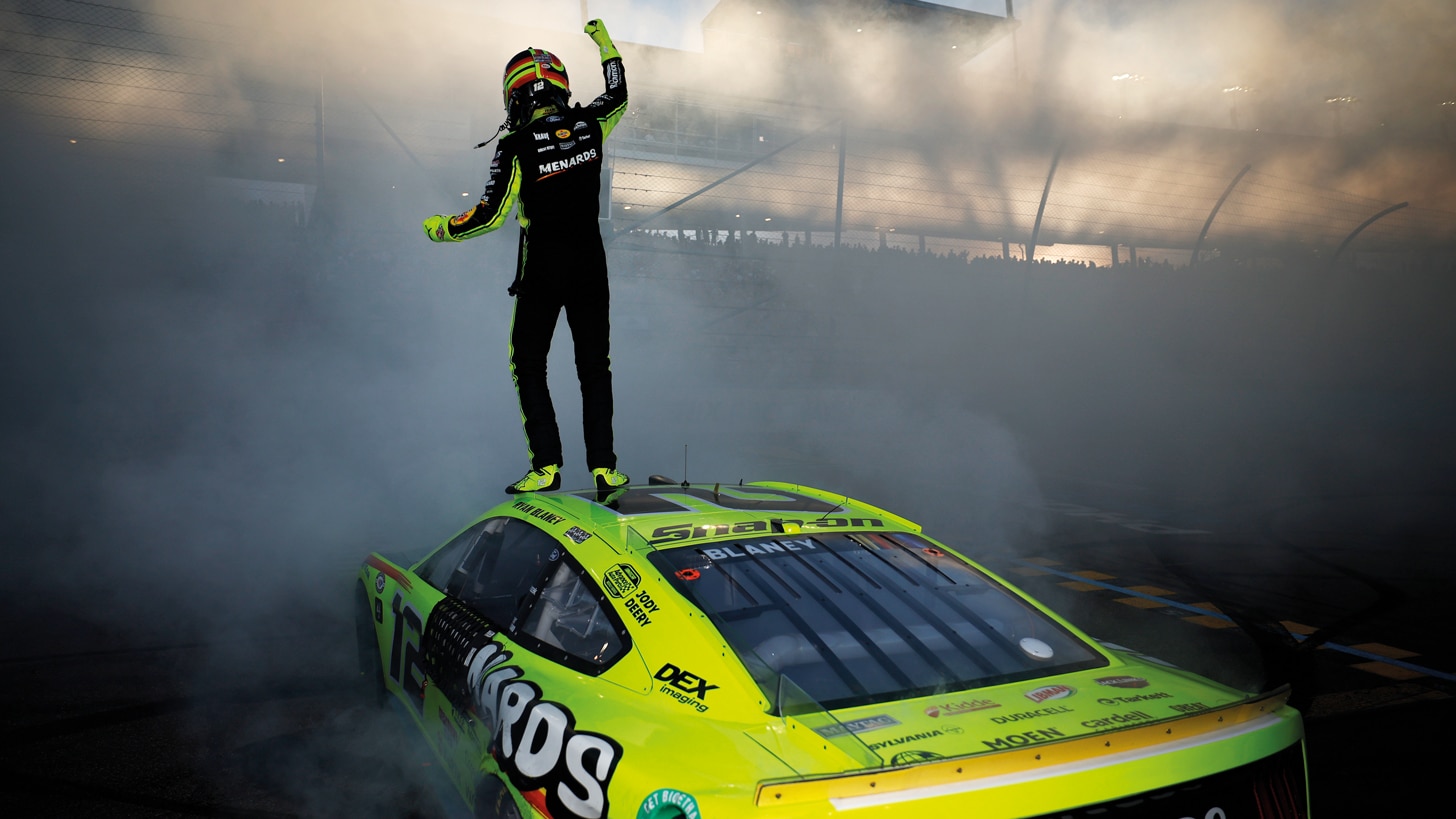 Ryan Blaney celebrates his first Sprint Cup title in Arizona.