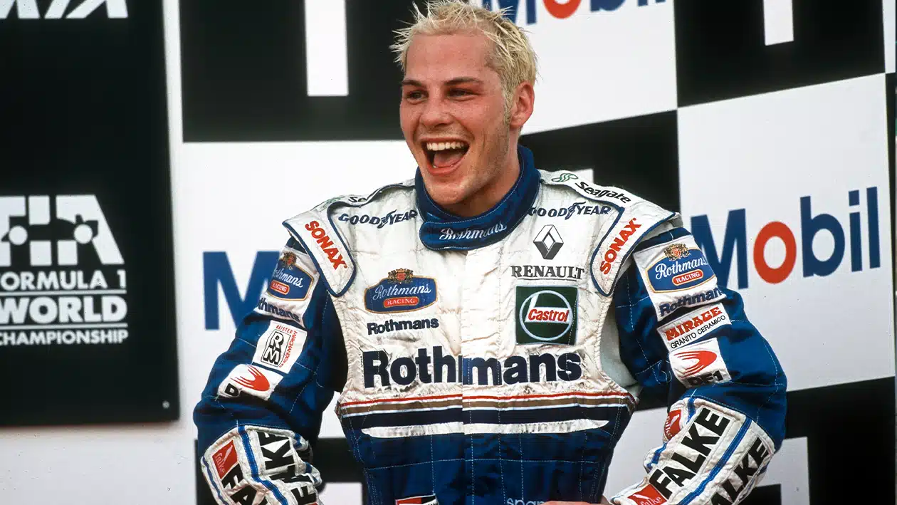 Jacques Villeneuve on the 1997 Jerez podium after becoming F1 world champion