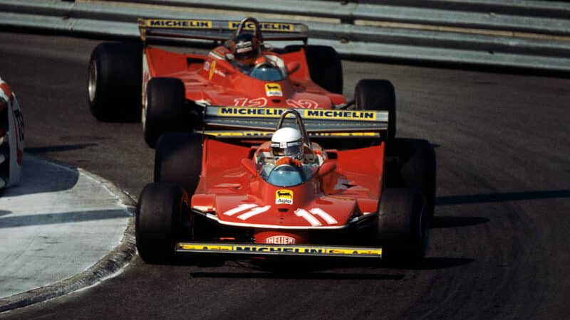 Jody Scheckter ahead of Gilles Villeneuve in 1977 Monaco GP