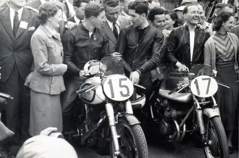 Les Graham among riders inclusing Geoff Duke and Reg Armstrong at the 1952 Isle of Man TT