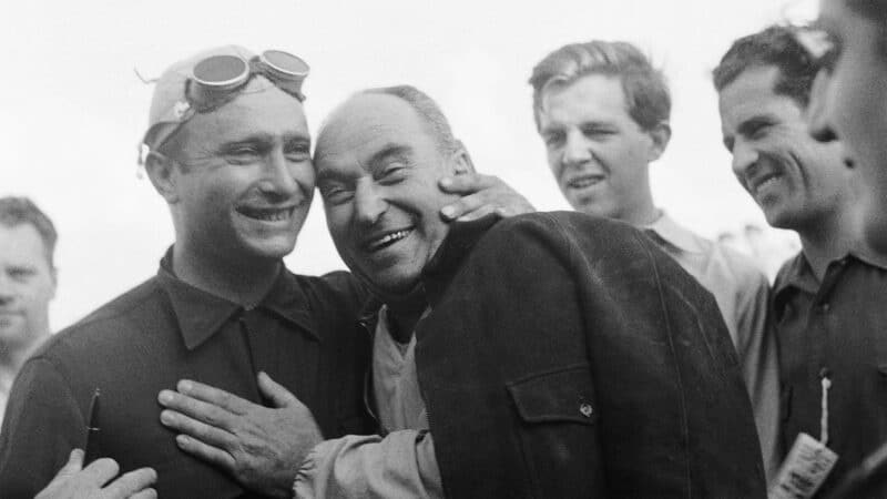 Luigi Fagioli with Juan Manuel Fangio in 1950