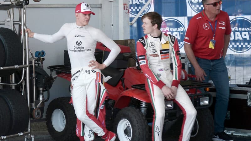 Mick Schumacher with Callum Ilott in F3 team garage in 2017