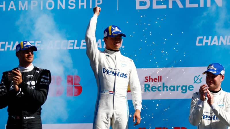 Nyck de Vries on Formula E podium at 2022 Berlin E-Prix
