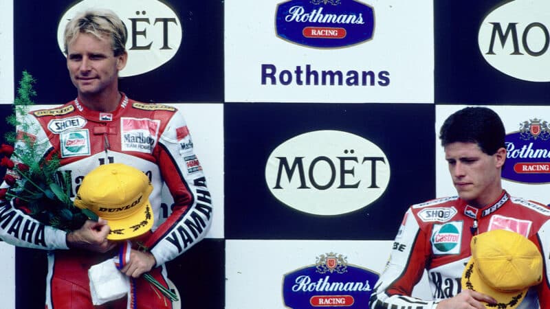 Wayne Rainey and John Kocinski on 1991 MotoGP podium