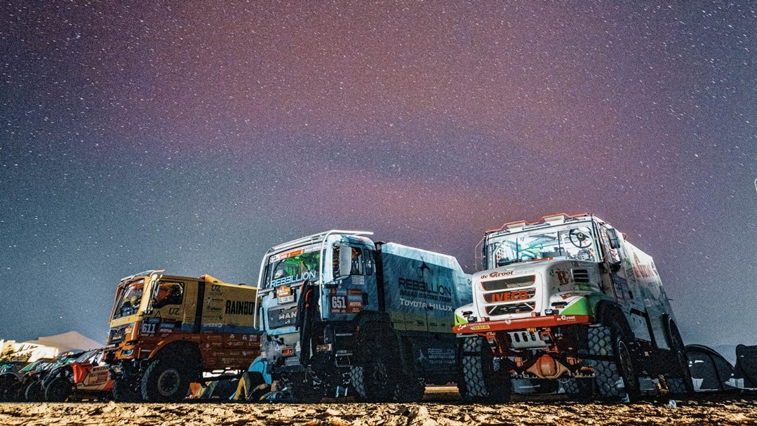 A stellar line up of Dakar machinery at Shubaytah, close to the border with the UAE