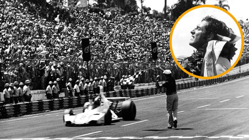 Carlos Pace crosses the line to win 1975 Brazilian GP