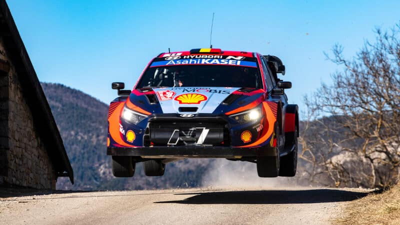 Hyundai of Thierry Neuville in mid air on 2023 WRC Monte Carlo Rally