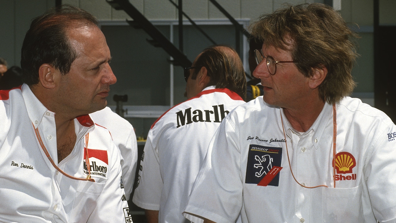 Jean Pierre Jabouille talks to Ron Dennis in 1994