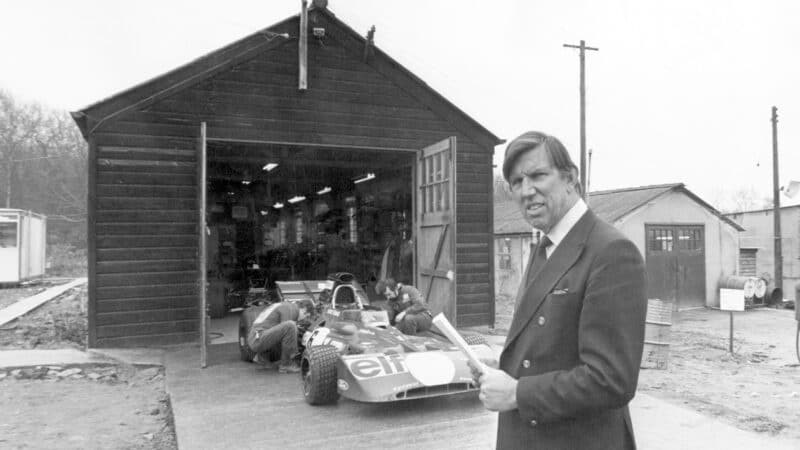 Ken Tyrrell outside his F1 team shed in 1971
