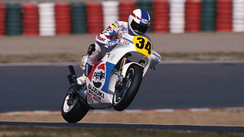 Kevin Schwantz pulls a wheelie on Pepsi sponsored MotoGP bike
