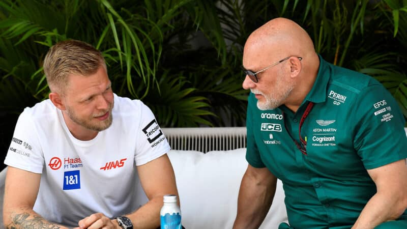 Matt Bishop with Kevin Magnussen in 2022 Miami F1 paddock