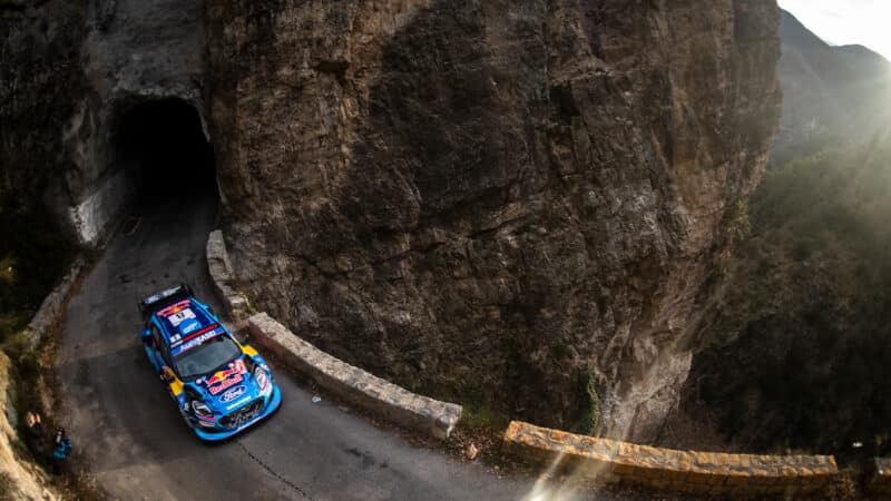 Overhead view of Ford Puma of Ott Tanak in 2023 WRC Monte Carlo Rally