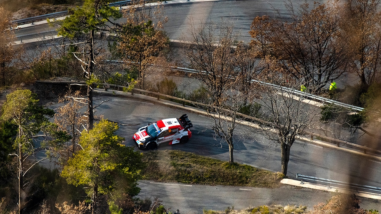 Overhead view of Kalle Rovanpera at hairpin bends on 2023 WRC Monte Carlo Rally