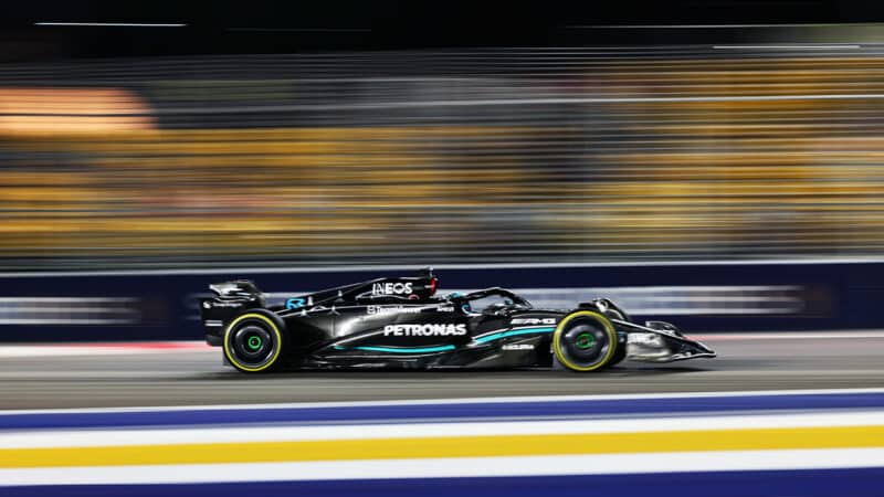Side view of George Russell Mercedes in 2023 F1 Singapore GP