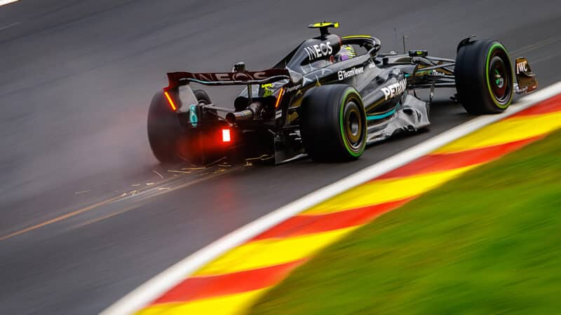 Sparks from Lewis Hamilton Mercedes at 2023 F1 Belgian GP