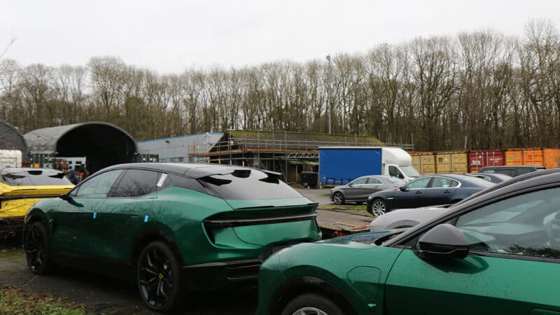 Tyrrell shed behind Lotus Eletre cars