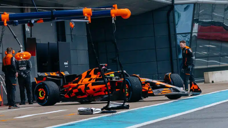 2025 McLaren MCL39 leaves the pits at Silverstone shakedown