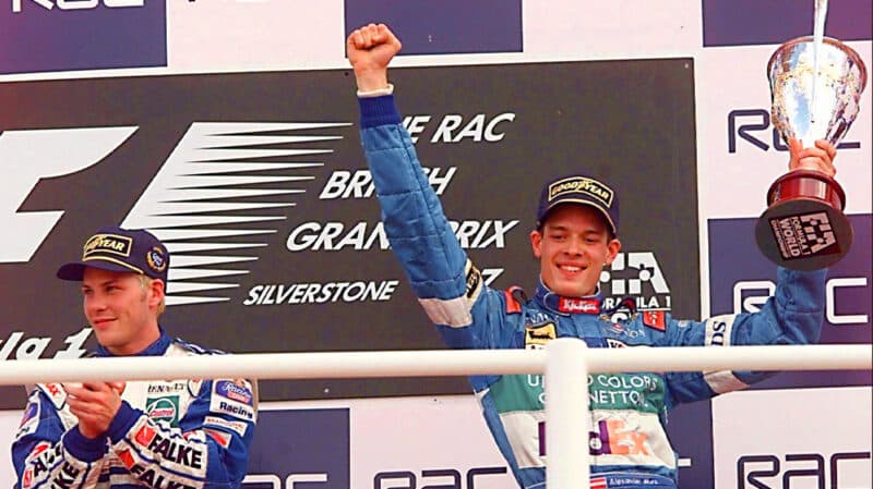 Alex Wurz celebrates finishing third on 1997 F1 British Grand Prix podium