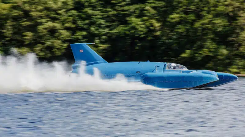 Bluebird K7 at speed in 2018 tests on Isle of Bute