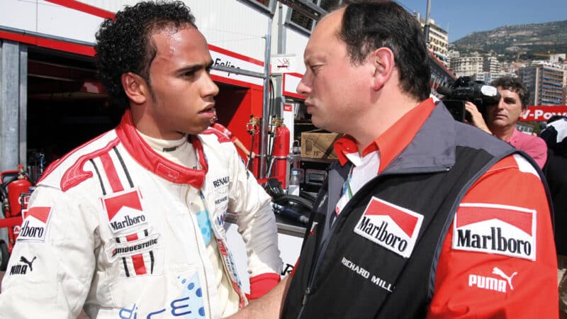 Lewis Hamilton and team chief Frédéric Vasseur