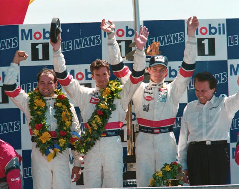 Davy Jones with Manuel Reuter and Alex Wurz on the podium after winning 1996 Le Mans 24 Hours