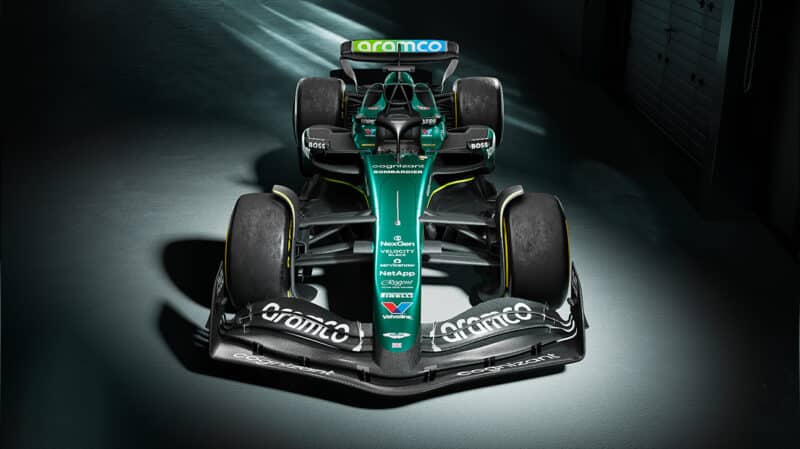 Front view of Aston Martin AMR24 F1 car at launch