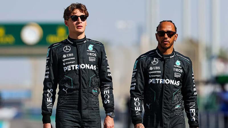 George Russell with Lewis Hamilton at 2024 Bahrain GP testing