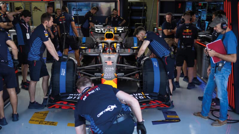 Adrian Newey, above, oversees preparation for Max Verstappen’s Red Bull at pre-season testing in Bahrain
