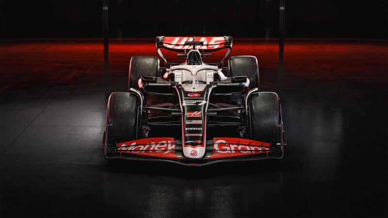 Front view of Haas 2024 F1 car in front-on pictures