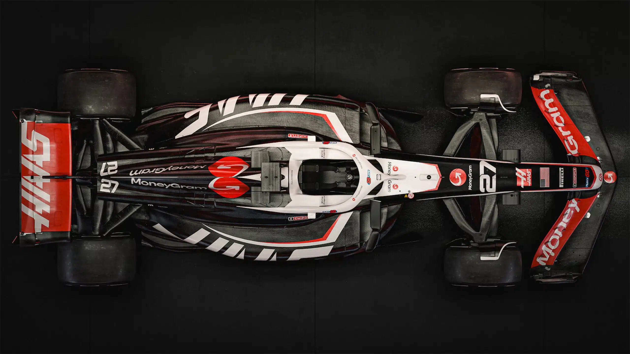 Overhead view of Haas 2024 F1 car in launch pictures