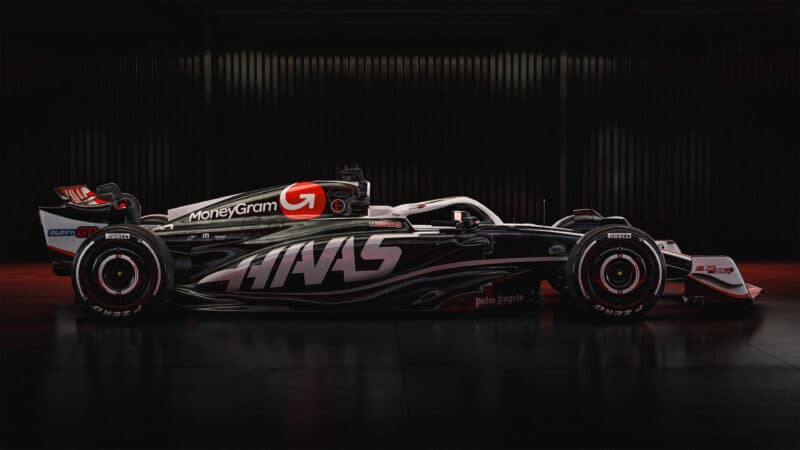 Side view of Haas 2024 F1 car in launch pictures