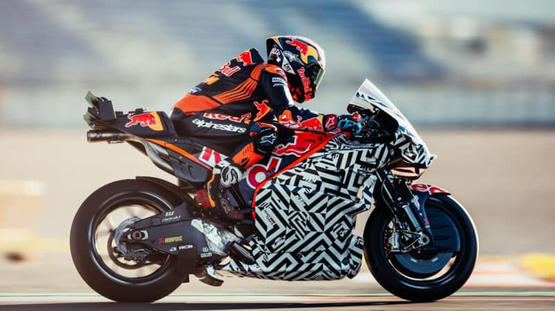 Jack Miller on camouflaged KTM MotoGP bike at 2023 Valencia testing