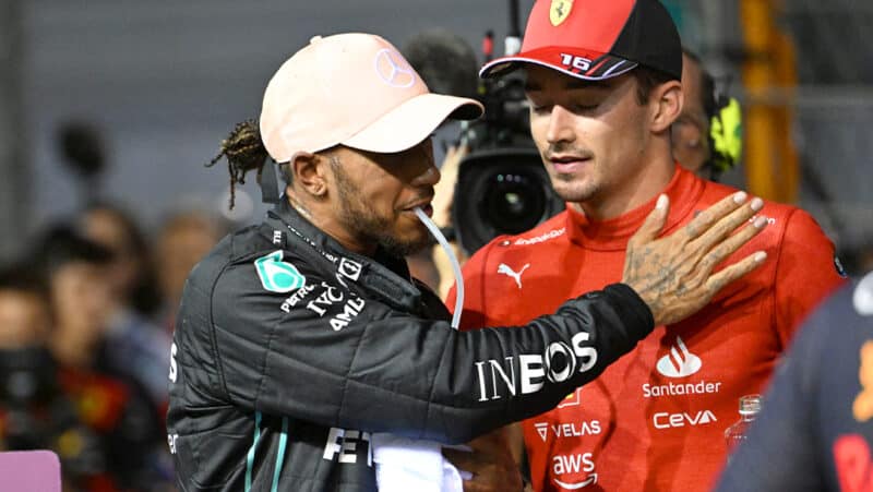 Lewis Hamilton with Charles Leclerc after f1 qualifying at the Singapore Grand Prix