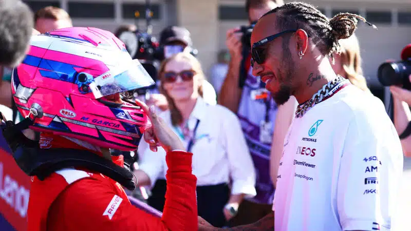 Lewis Hamilton with Marta Garcia after she won US race in 2023