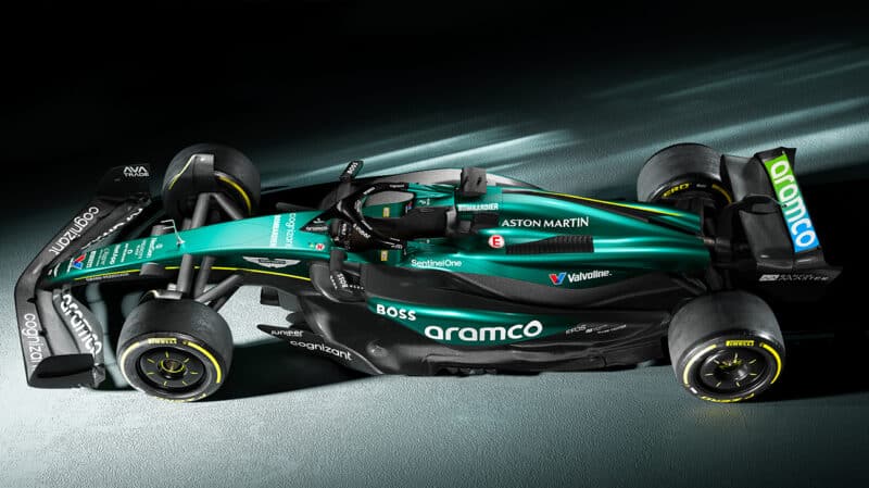 Overhead view of Aston Martin AMR24 F1 car at launch